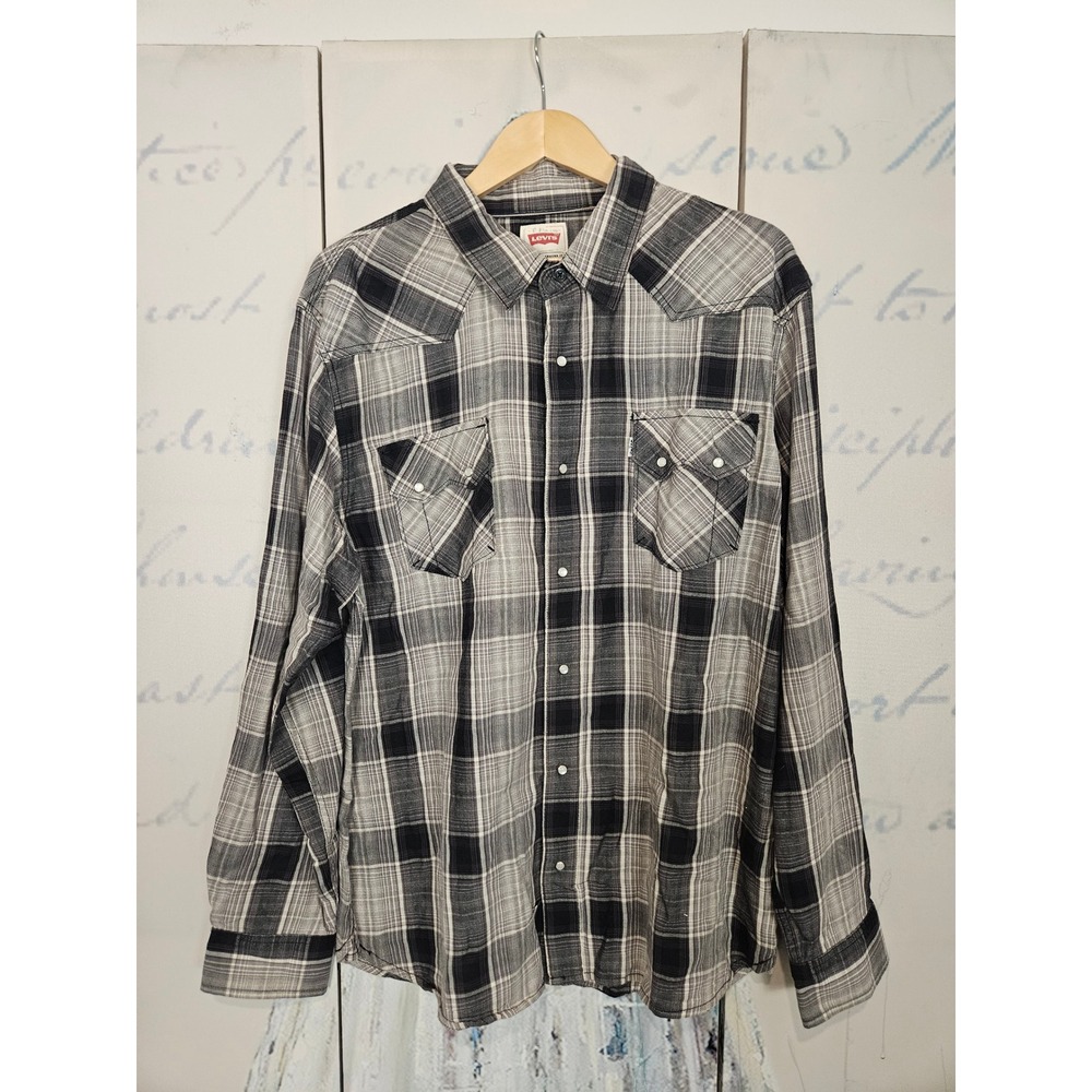 Levi's Western Shirt XXL Black Gray Plaid Pearl Snap Long Sleeve Cotton Sawtooth